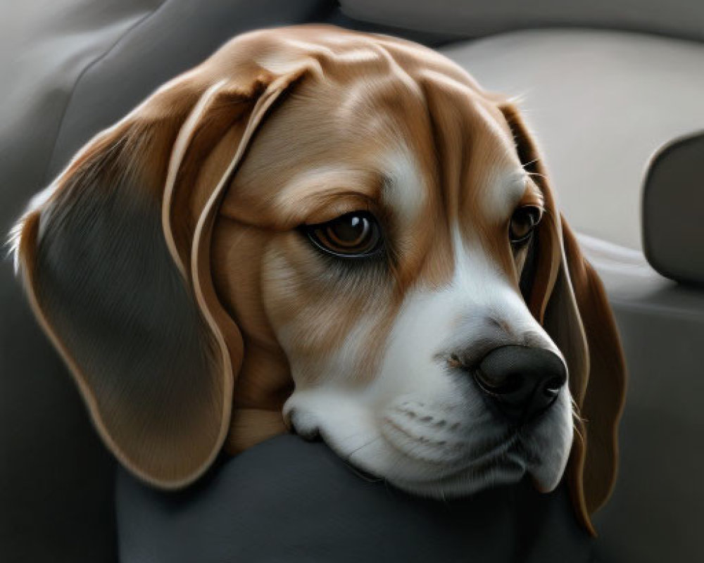 Brown and white Beagle resting on sofa with gray blanket.