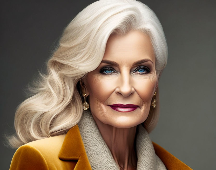 Silver-haired elder woman in mustard blazer and gold earrings poses with gentle smile