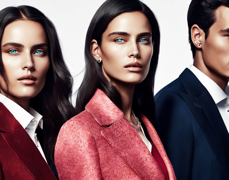 Three individuals with striking blue eyes in business attire on white background