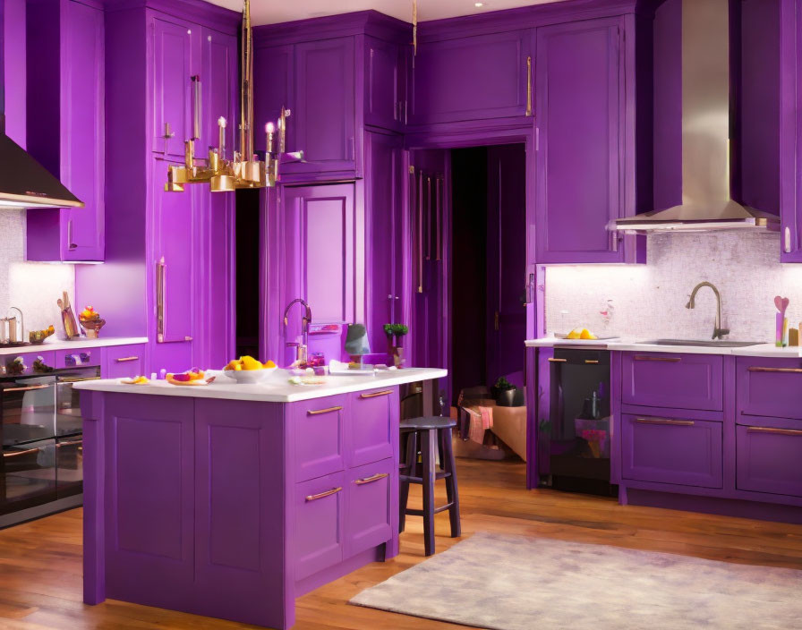 Modern Kitchen with Purple Cabinetry & Ambient Lighting