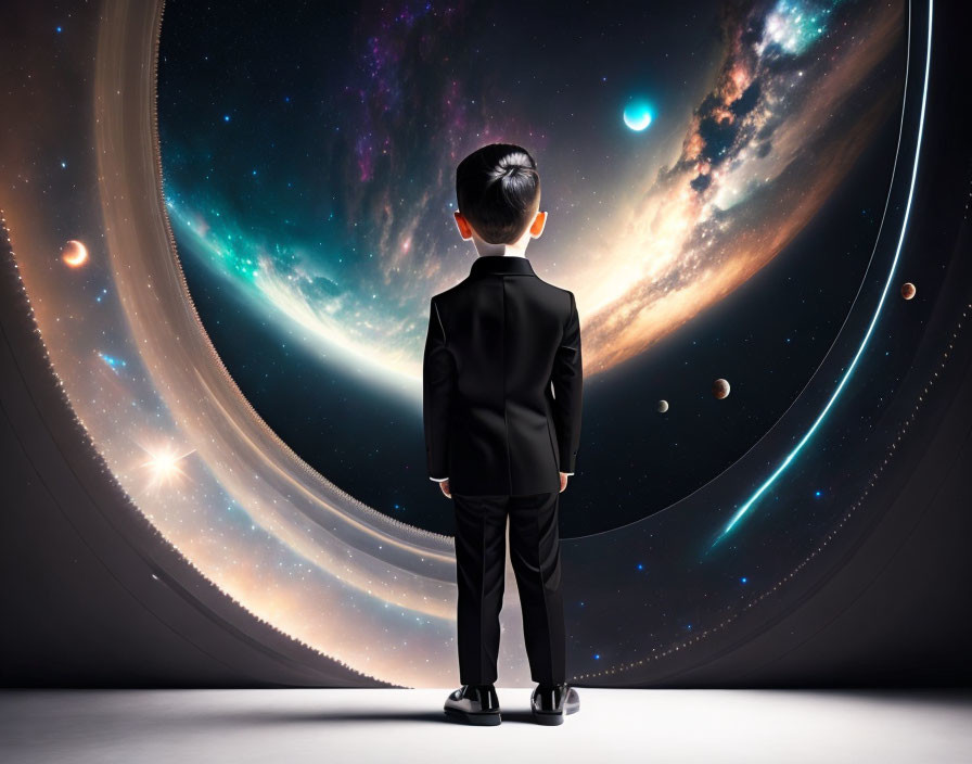 Young boy in suit gazes at cosmic scene with galaxies and stars