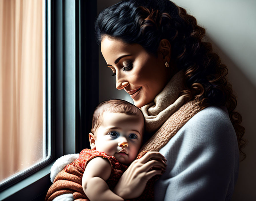 Curly-haired woman holding baby by window with soft light