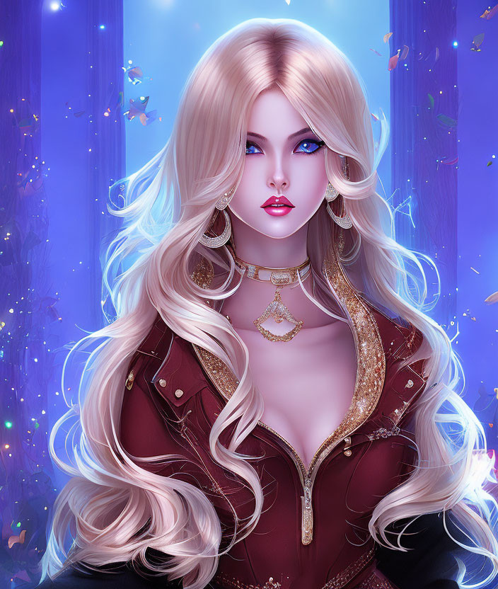 Digital artwork: Woman with long blonde hair, intense gaze, red and gold fantasy outfit