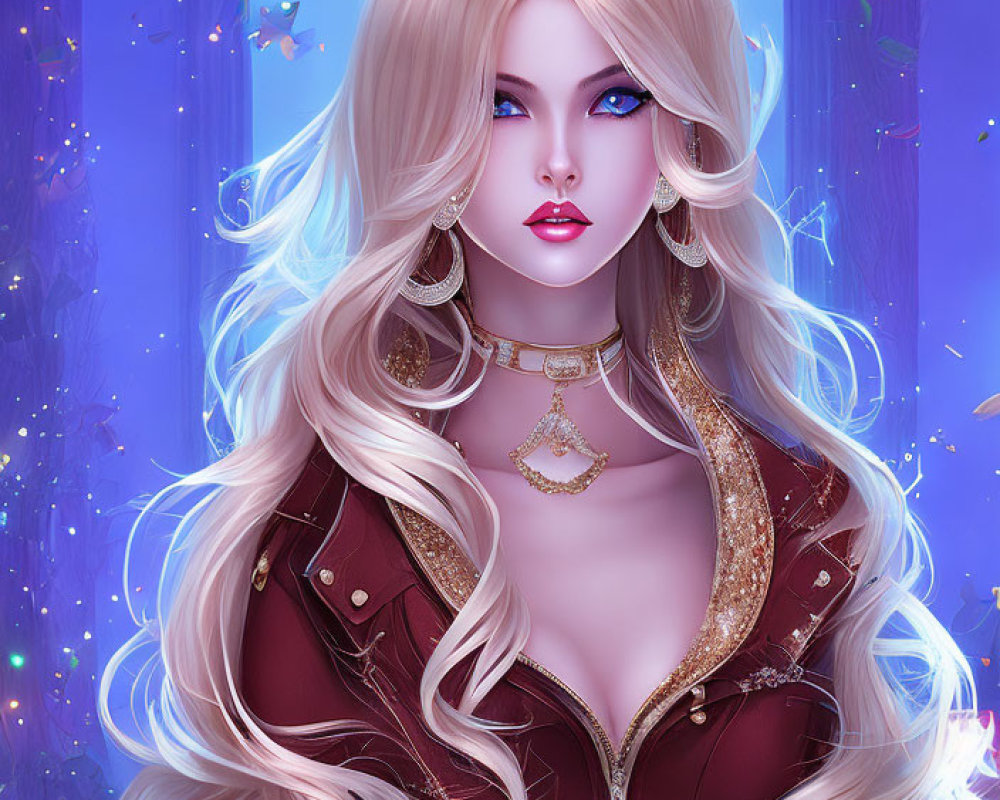 Digital artwork: Woman with long blonde hair, intense gaze, red and gold fantasy outfit