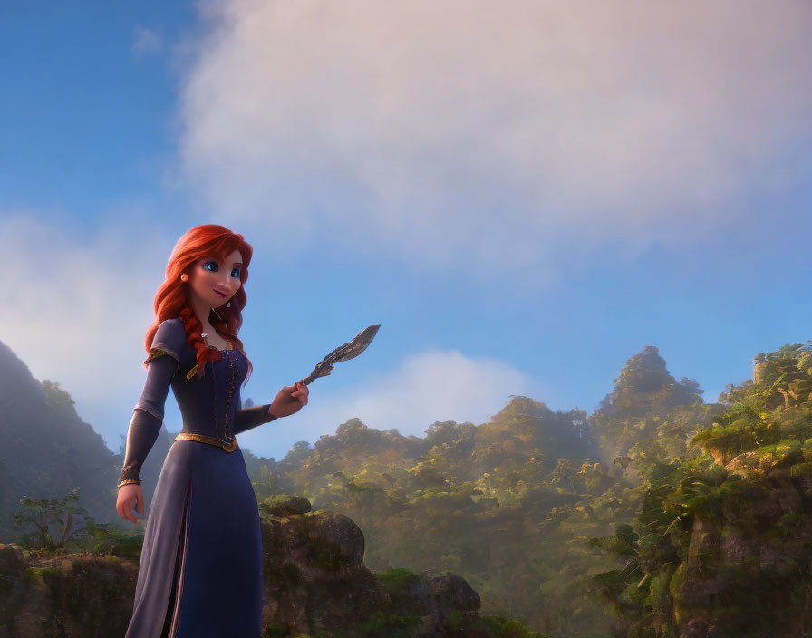 Red-Haired Female Animated Character in Forest with Mysterious Artifact