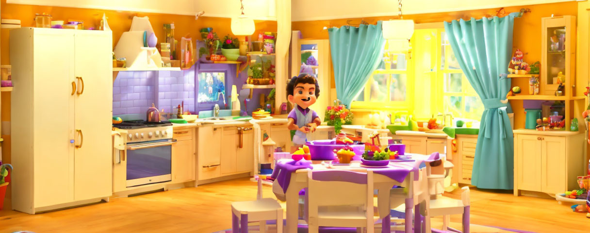 Colorful animated kitchen scene with character at table in warm lighting