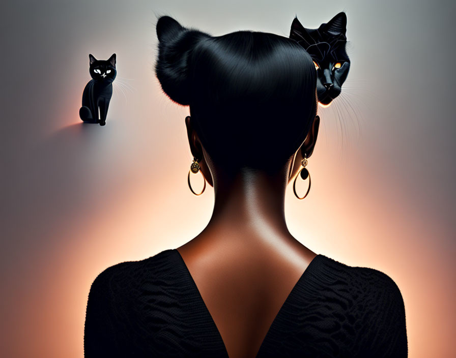 Stylish woman with bun, hoop earrings, black cats, orange backdrop