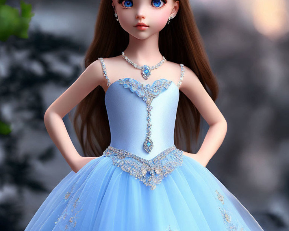 Porcelain doll with blue eyes, brown hair, blue ball gown, silver beadwork, tiara