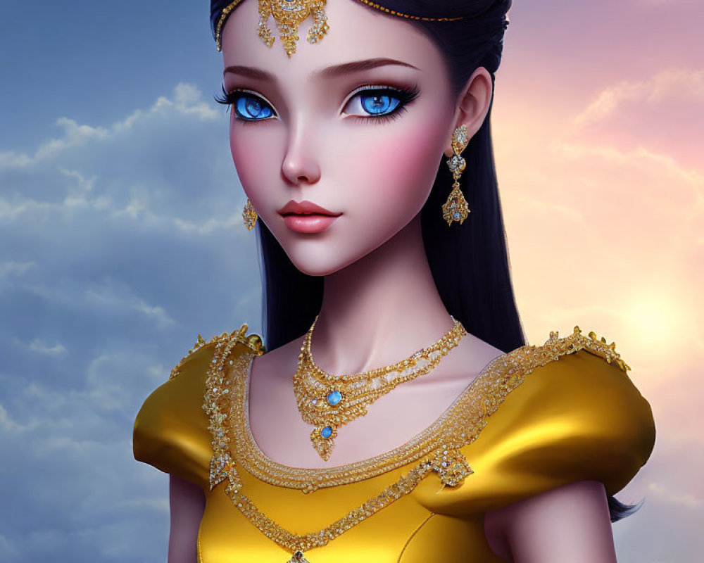 Female character with large blue eyes in gold dress against twilight sky.