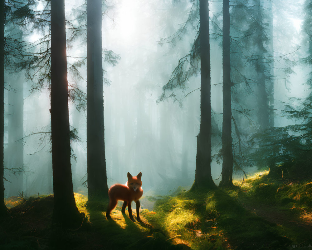 Misty forest scene with fox and sunlight beams