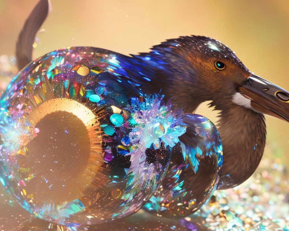 Iridescent bird-like creature with golden sunburst bubble