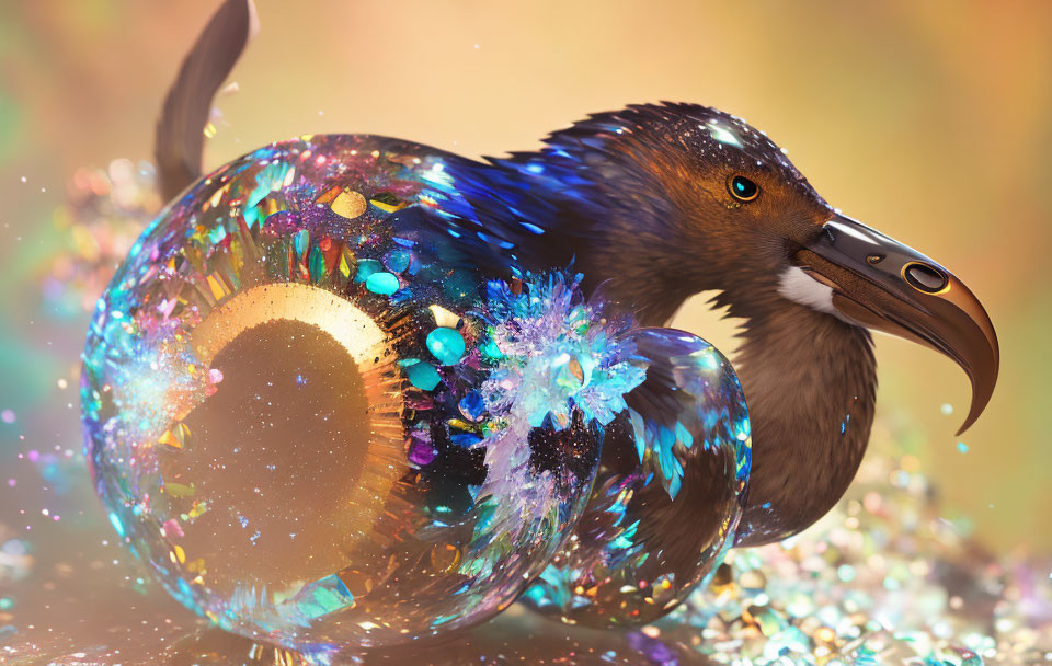 Iridescent bird-like creature with golden sunburst bubble