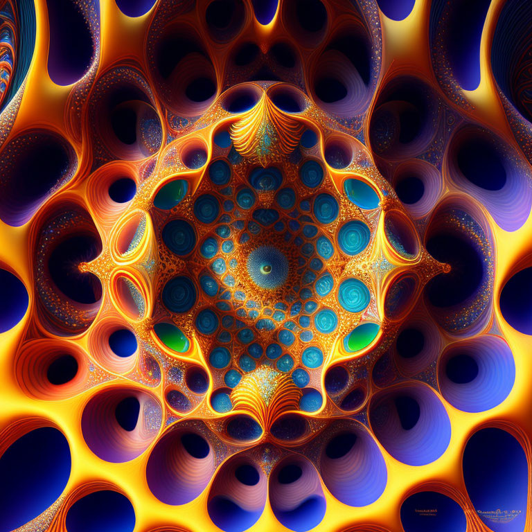 Colorful Fractal Art: Central Spiral, Blues, Oranges, Symmetrical Shapes