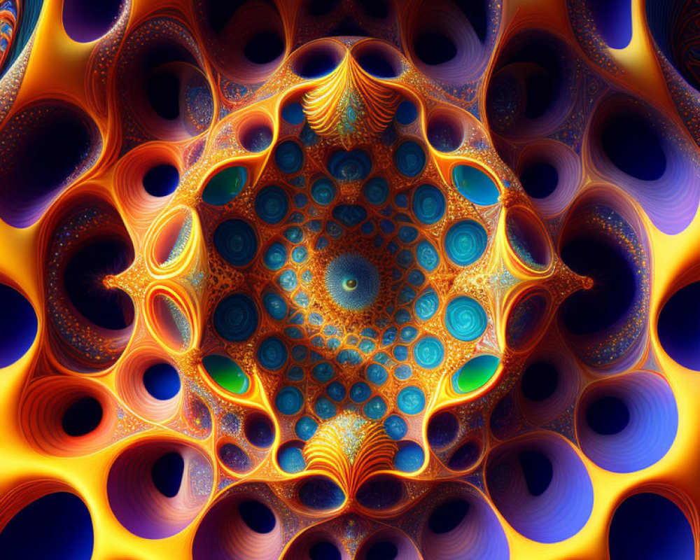 Colorful Fractal Art: Central Spiral, Blues, Oranges, Symmetrical Shapes