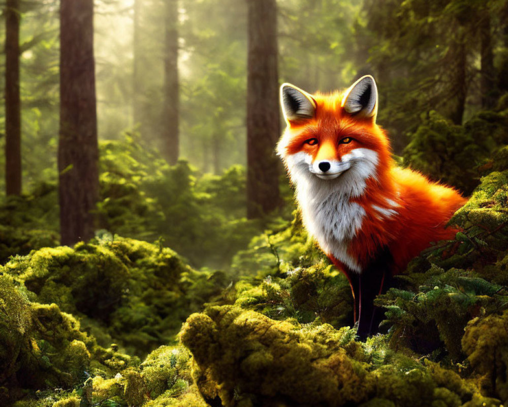 Red fox in lush forest with sunlight filtering through trees