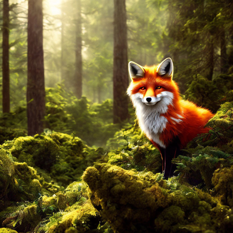 Red fox in lush forest with sunlight filtering through trees