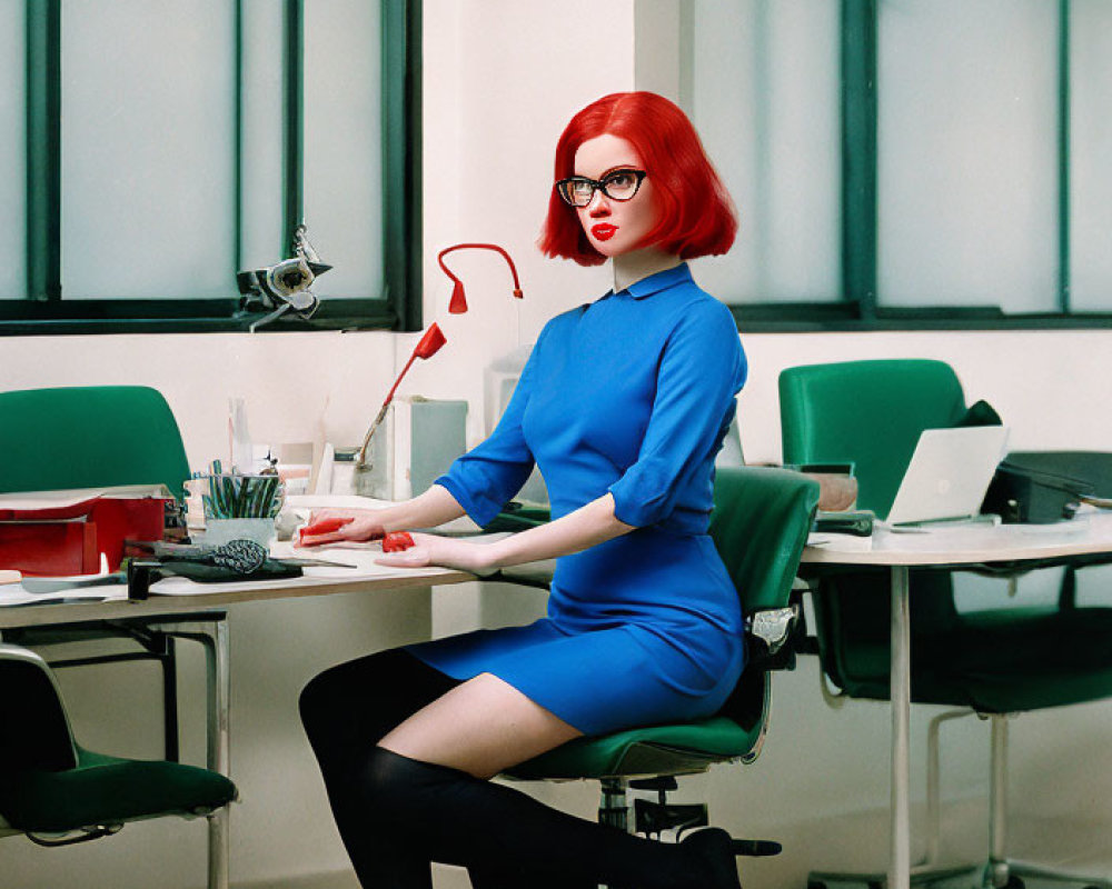 Red-haired woman in sunglasses at desk with blue dress and red heels in room with windows