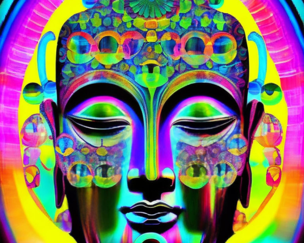 Colorful psychedelic Buddha face with neon patterns and glowing aura.