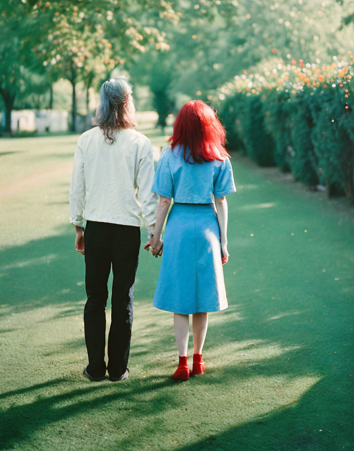 Elderly couple walking hand in hand on tree-lined path