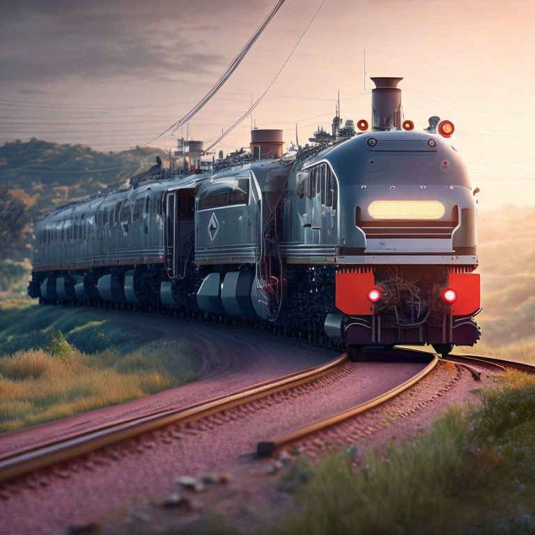 Sleek Retro-Futuristic Train Travels Through Scenic Dusk Landscape