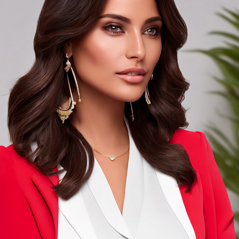 Woman with wavy brown hair in white top and red blazer, gold earrings.