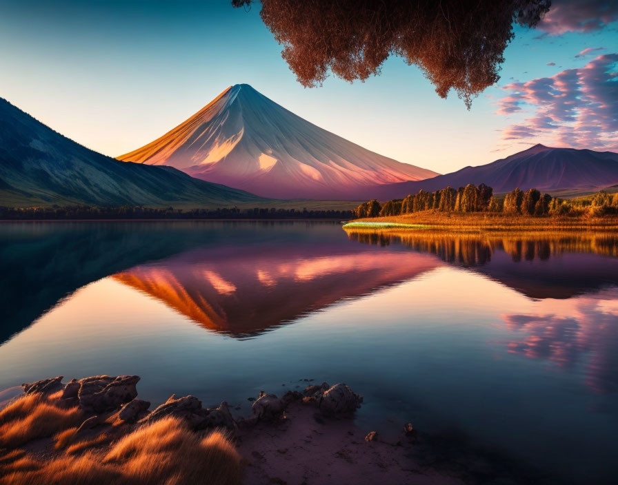 Symmetrical Snow-Capped Mountain Reflected in Tranquil Lake at Dawn