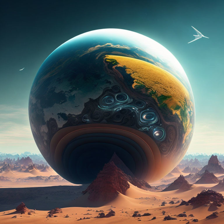 Gigantic glossy Earth-like sphere in surreal desert landscape