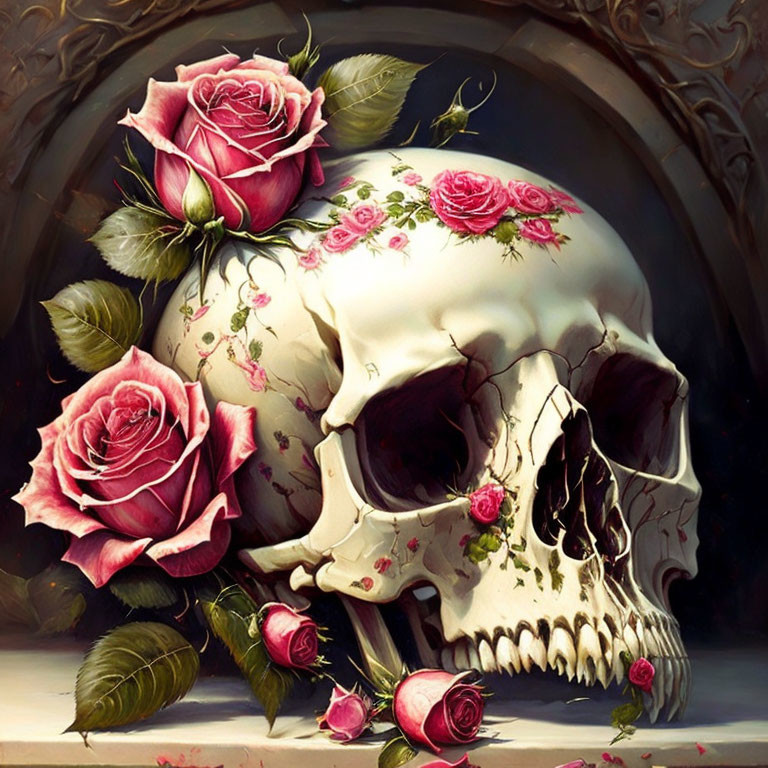 Surreal Artwork: Human Skull with Pink Roses on Dark Background