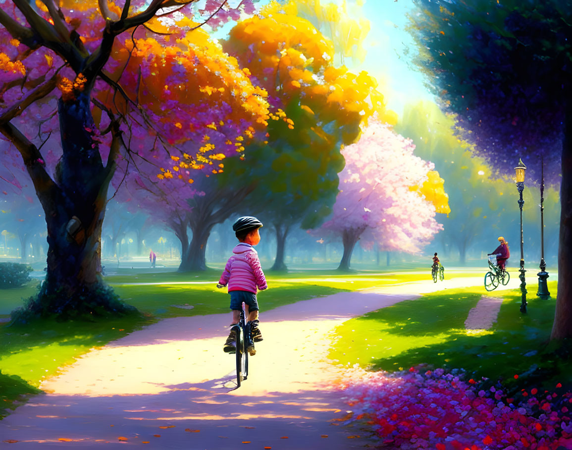 Child on Bicycle Riding Through Colorful Park Path with Cyclists and Lamp Post