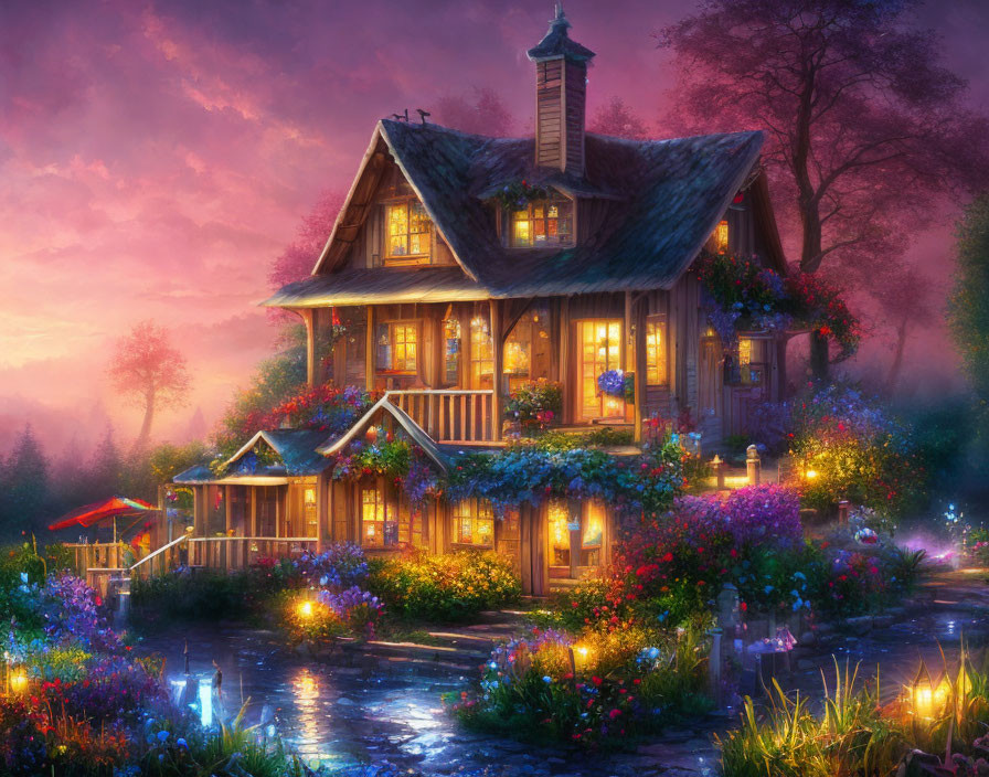 Charming two-story cottage at dusk with vibrant flowers & purple sky