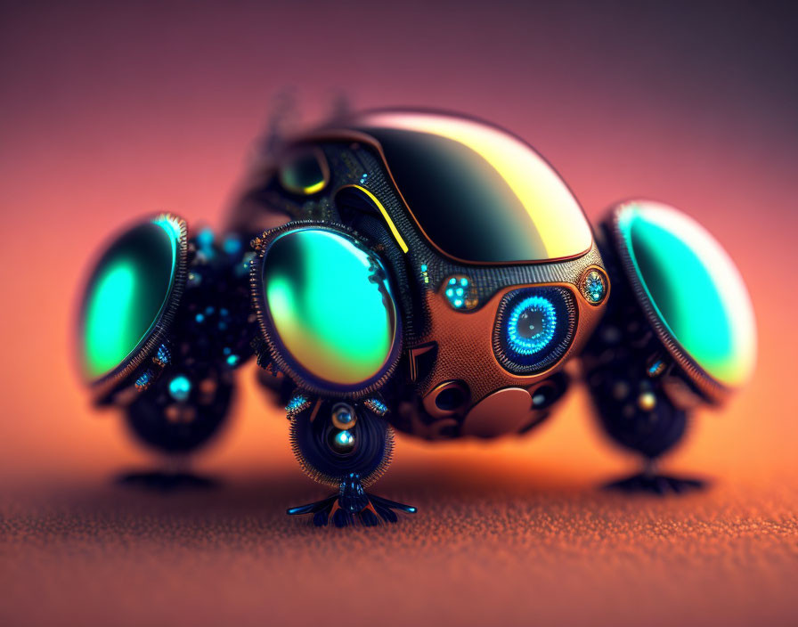 Reflective beetle-like robot with intricate gears on warm background