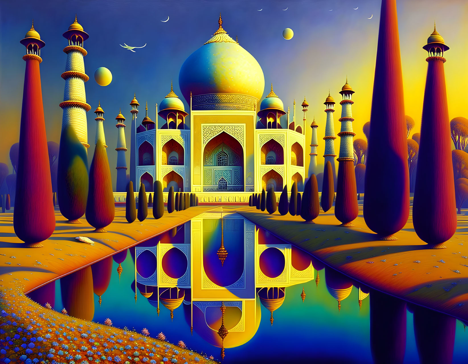 Colorful surreal Taj Mahal painting with exaggerated towers and vibrant landscape