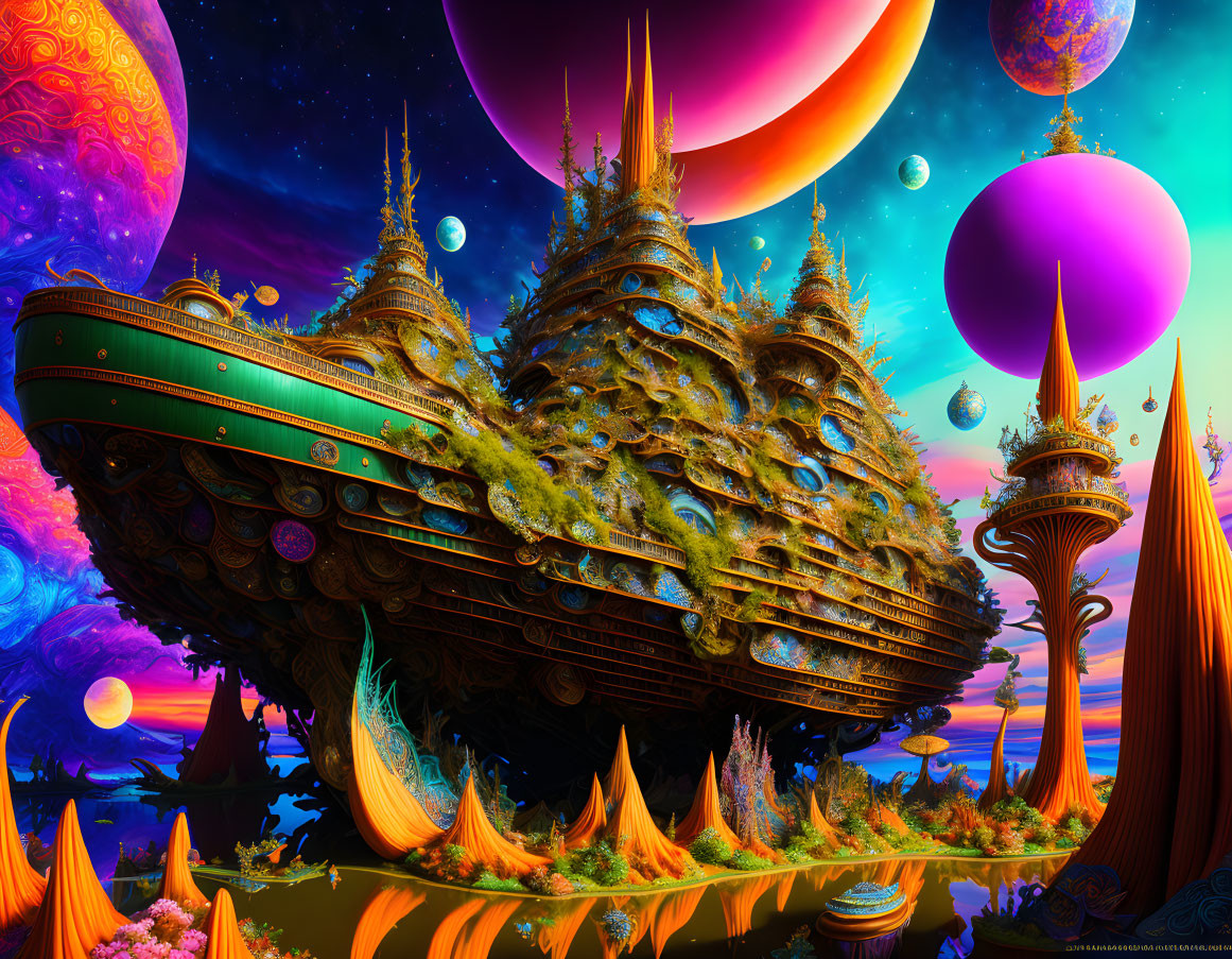 Colorful sci-fi landscape with sailing ship, alien plants, towers, and multiple planets.