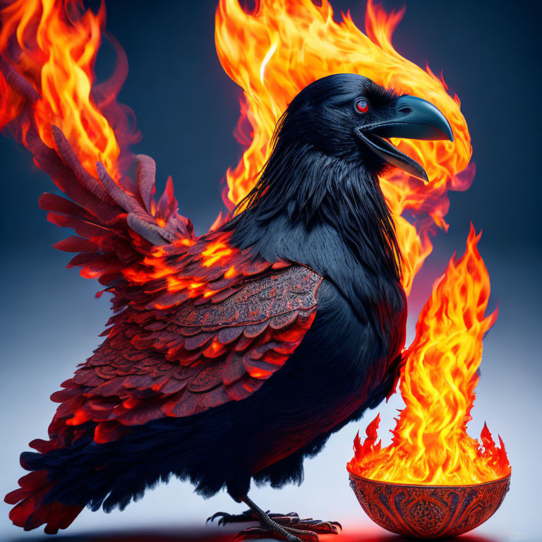 Digitally-modified raven with fiery wings and tail next to flaming bowl on blue background