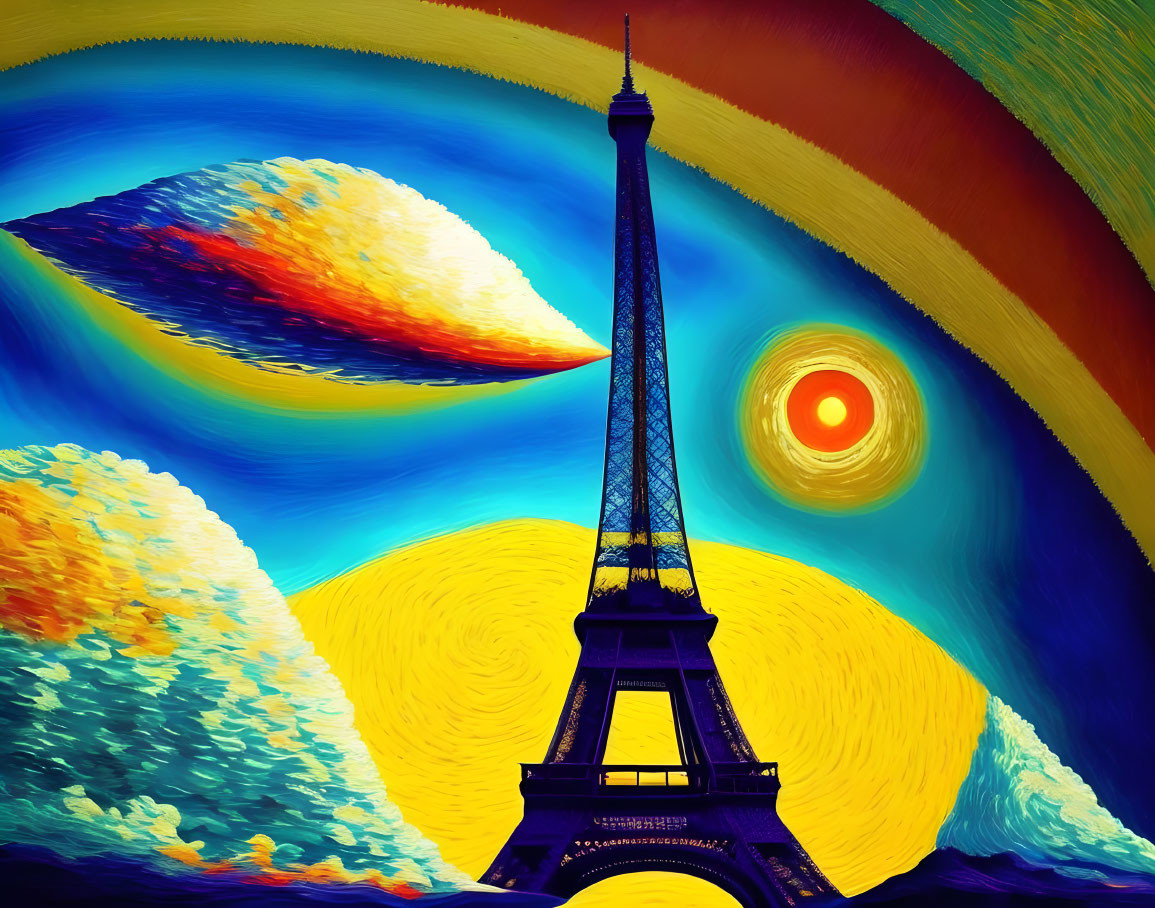 Surreal Eiffel Tower painting with swirling yellow sky