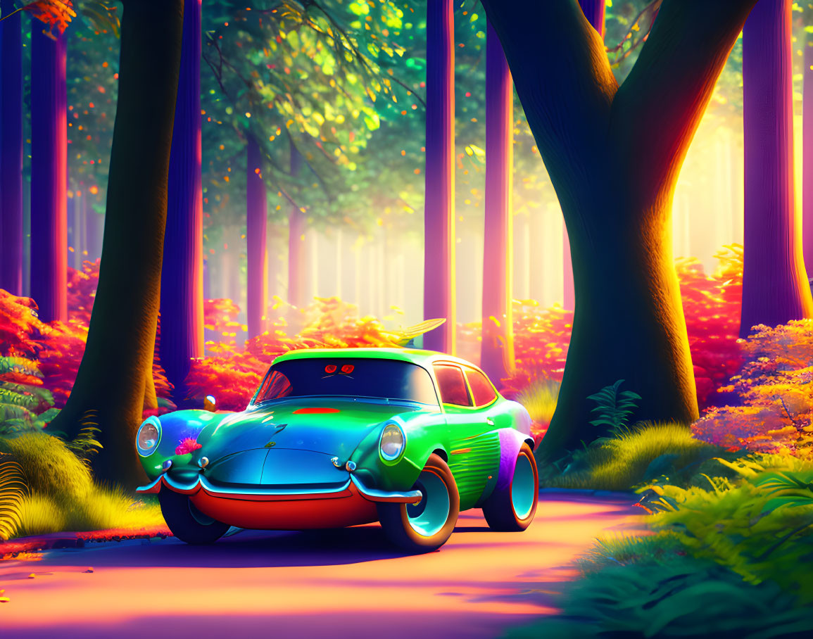 Classic Car in Mystical Forest with Colorful Trees and Ethereal Sunlight