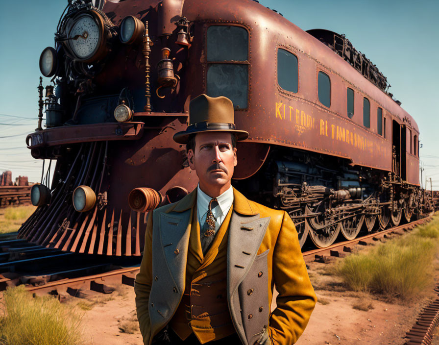 Vintage-dressed man poses by old train under clear sky