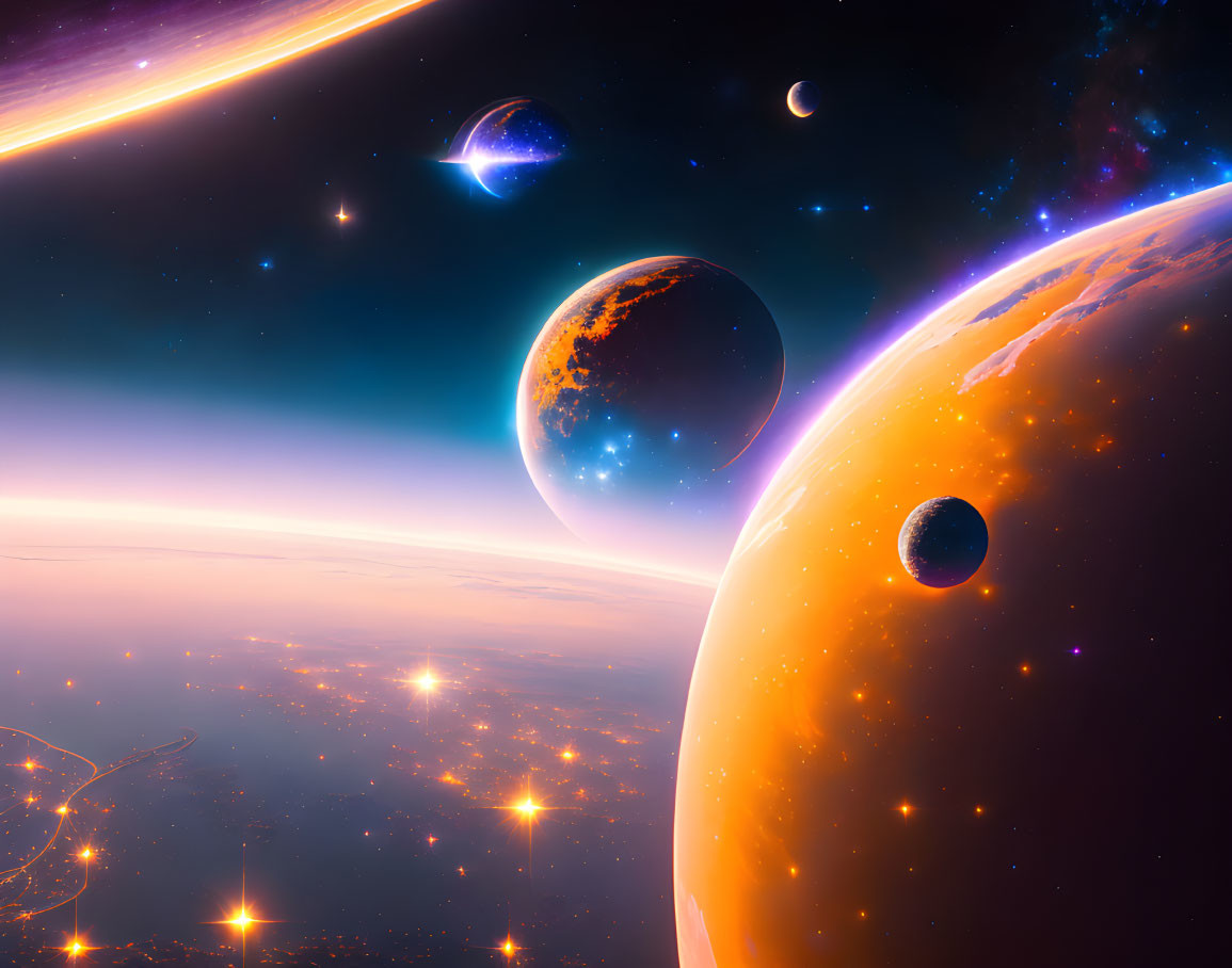 Colorful cosmic scene with planets, orange hues, stars, and nebula.