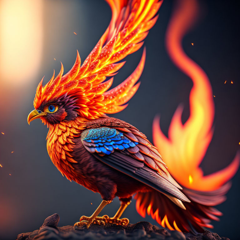 Majestic fiery phoenix with orange plumage and blue tail feathers