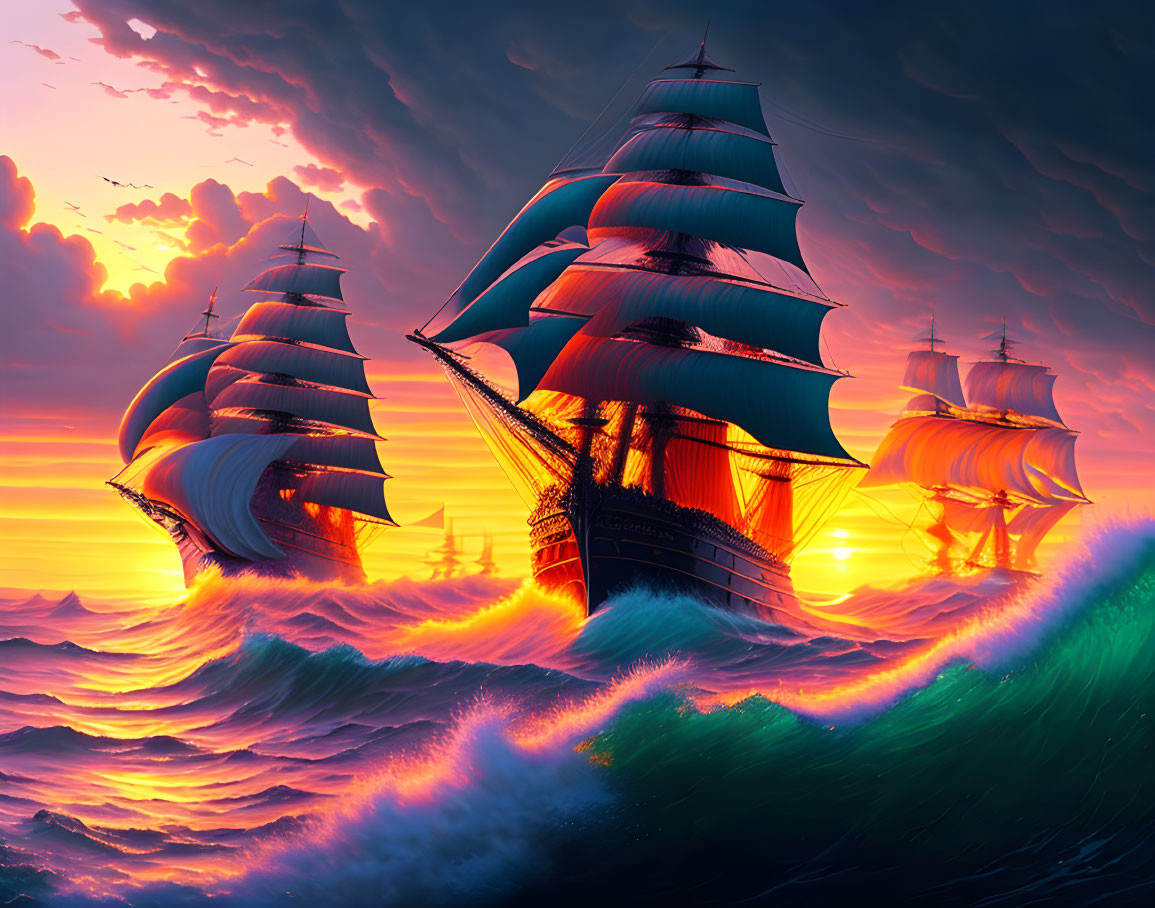 Artistic depiction of tall ships sailing on fiery sunset seas with dynamic waves and dramatic sky