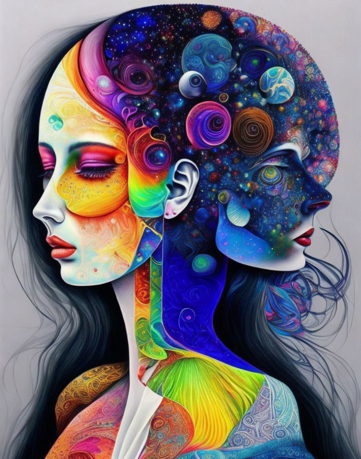 Dual-profile portrait artwork blending vibrant cosmic design with grayscale, merging realism and surrealism.