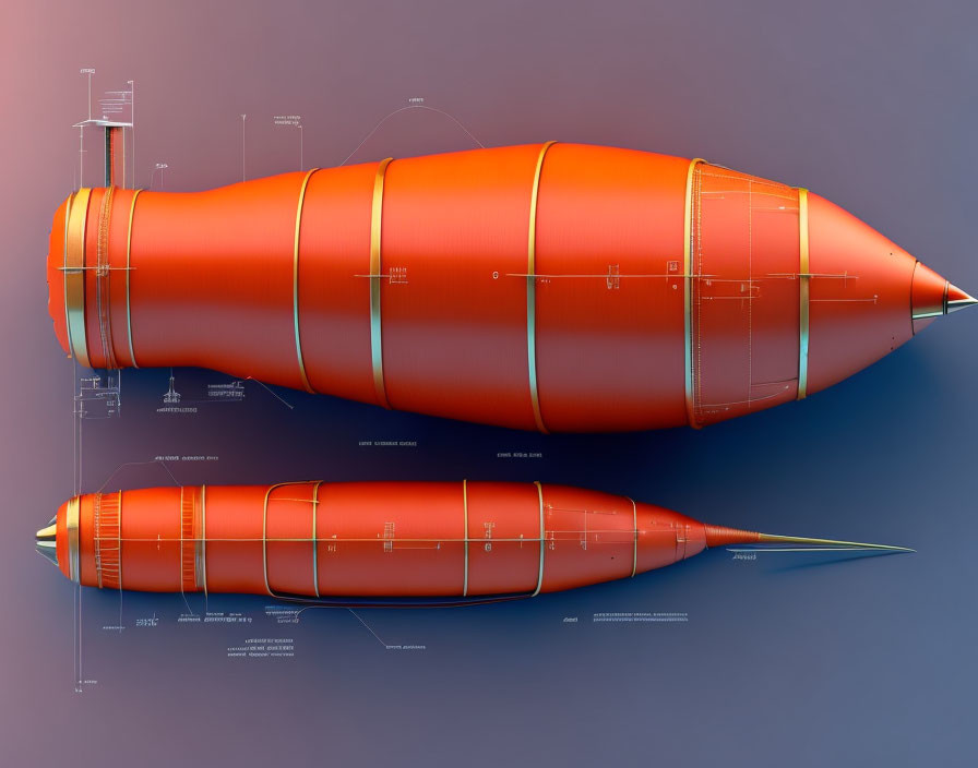 Digital renderings of orange missiles with design schematics on purple background