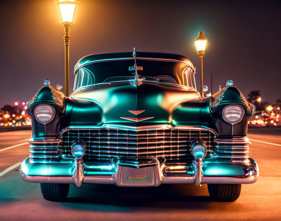 Vintage Car with Chrome Details and Illuminated Headlights Parked at Night