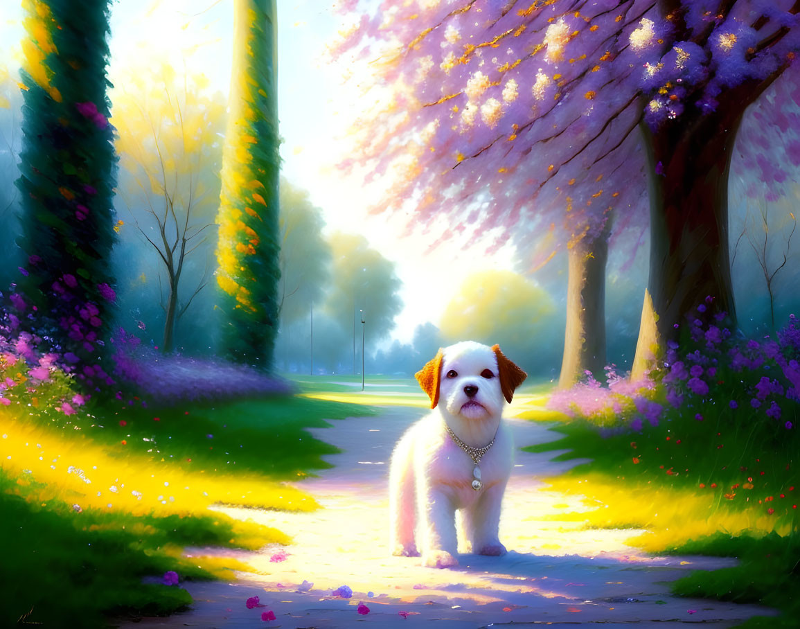 Fluffy white dog on sunlit path in vibrant park