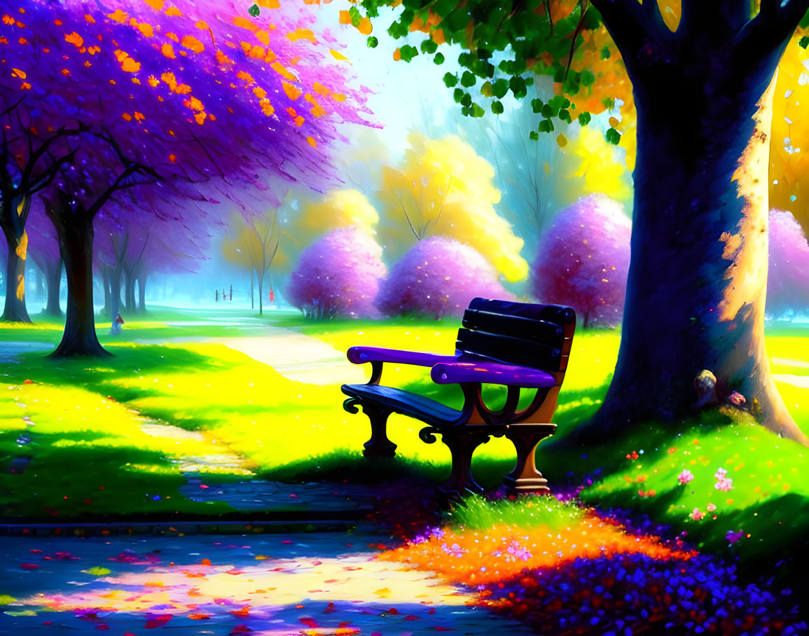 Colorful Park Scene with Purple Flowering Trees and Sun Rays