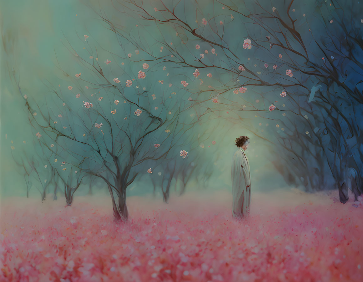 Person in Dreamy Landscape with Pink Blossoms and Bare Trees