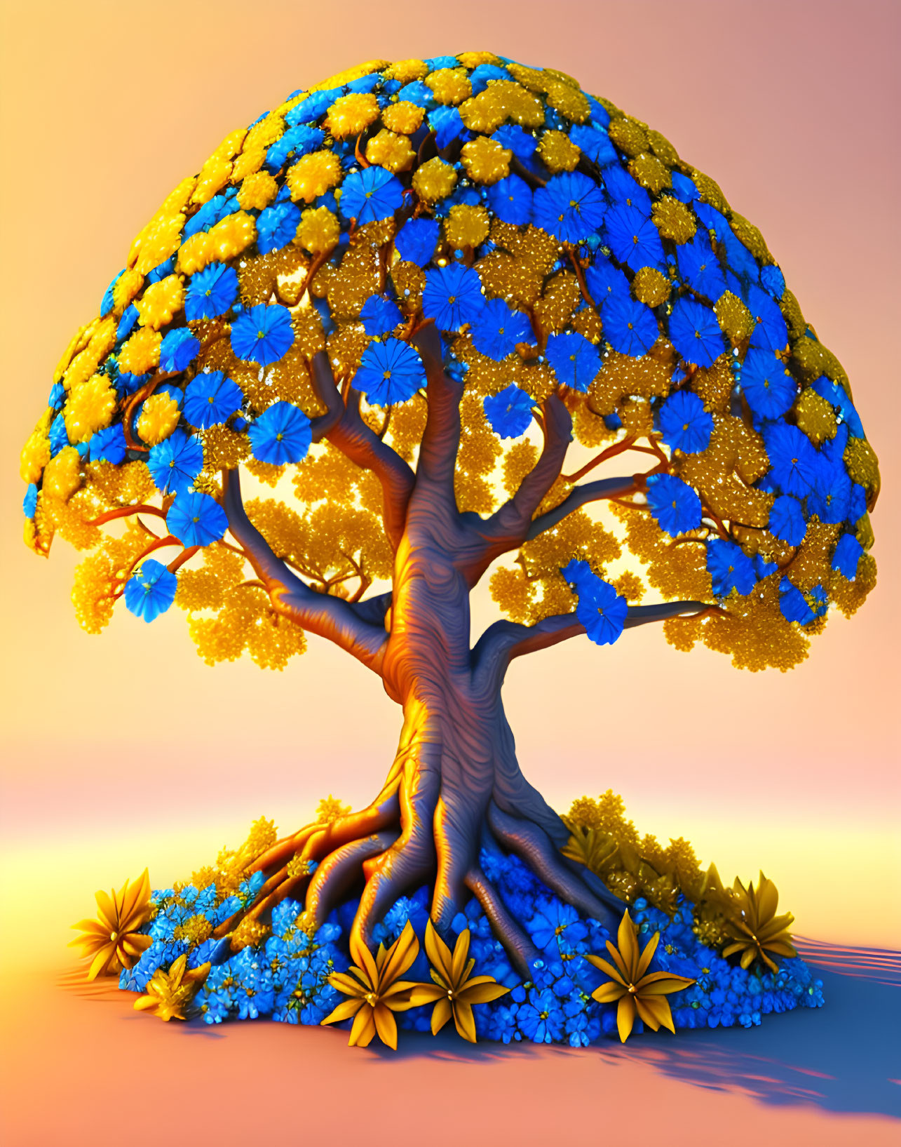 Ornate tree digital artwork with blue and golden blooms