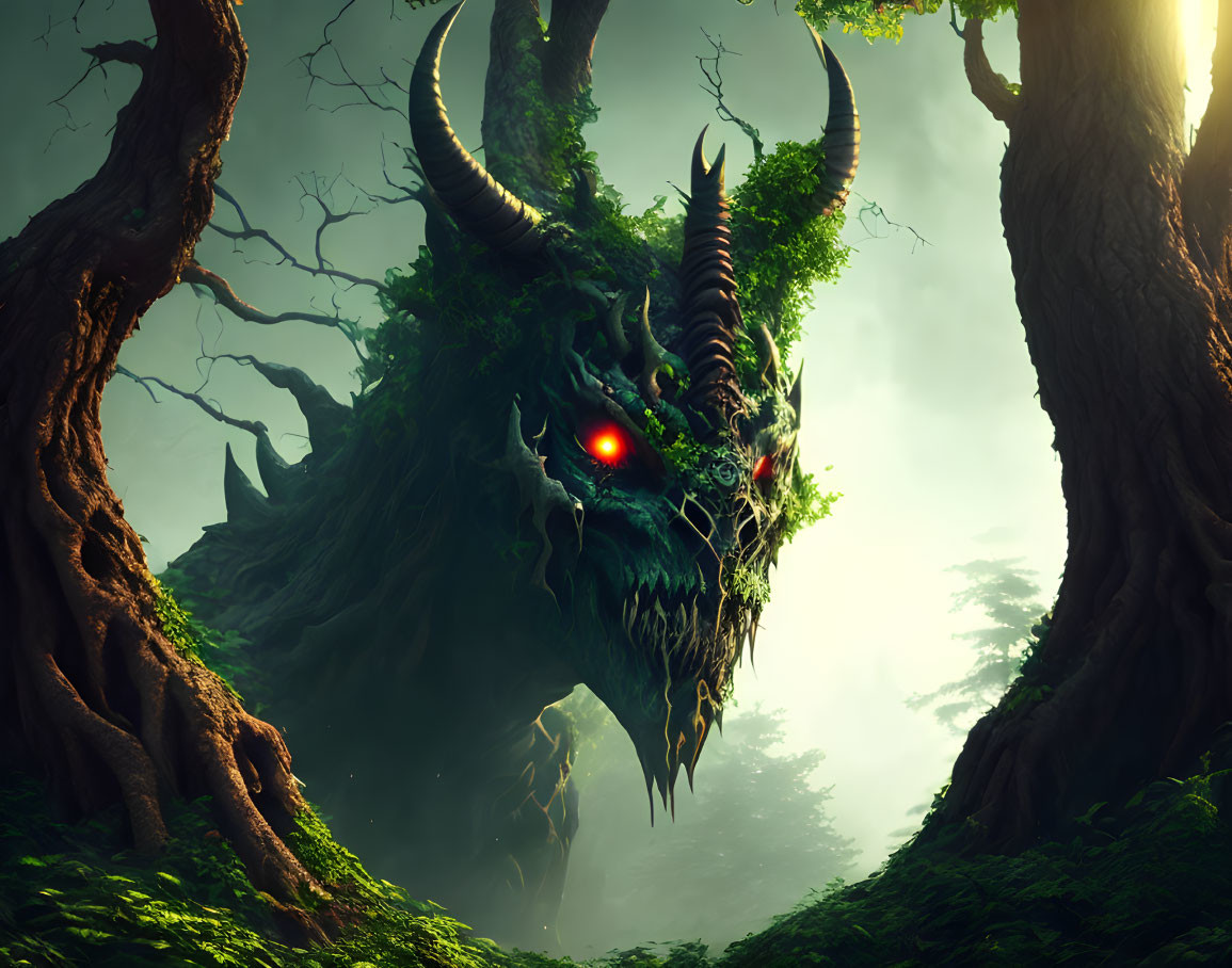 Menacing dragon with red eyes in misty forest with ancient trees