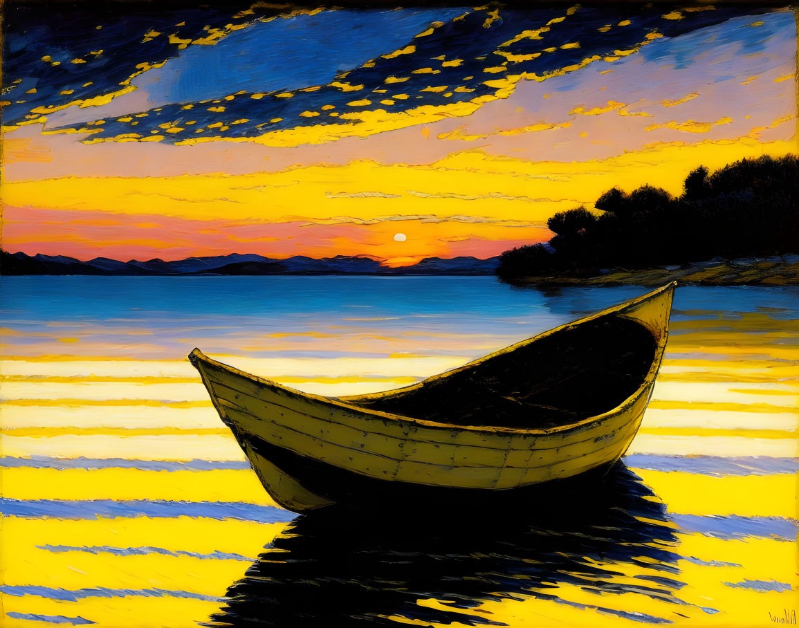 Vivid painting: Yellow boat on calm water at sunset