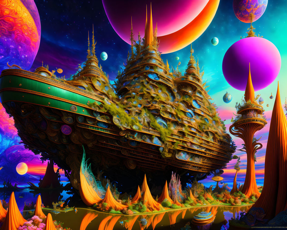 Colorful sci-fi landscape with sailing ship, alien plants, towers, and multiple planets.